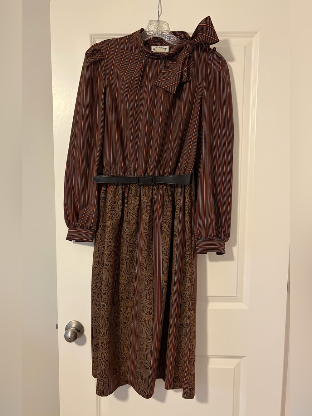 Vintage Sunshine Alley Brown Stripe & Paisley Long-Sleeve Midi Dress w/ Tie Neck